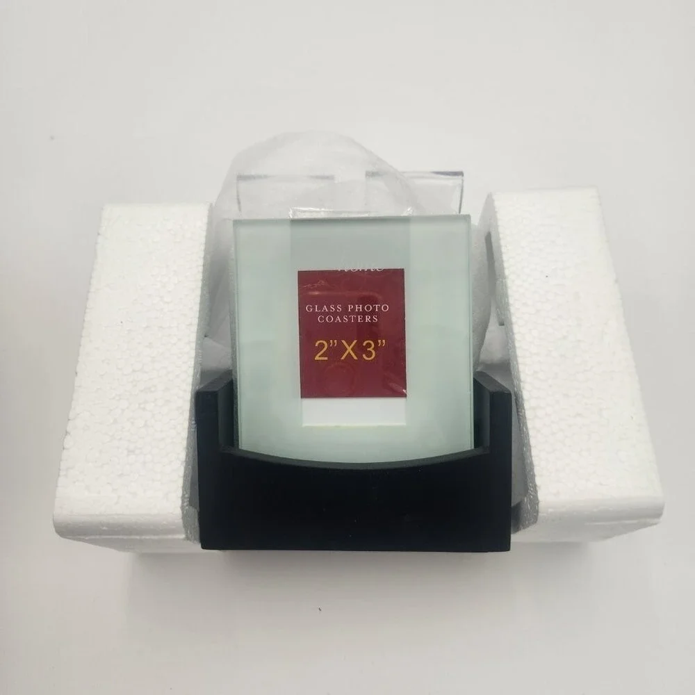 Set of 4 Frosted Glass Photo‎ Coasters with Wood Stand by Sarah Peyton Home